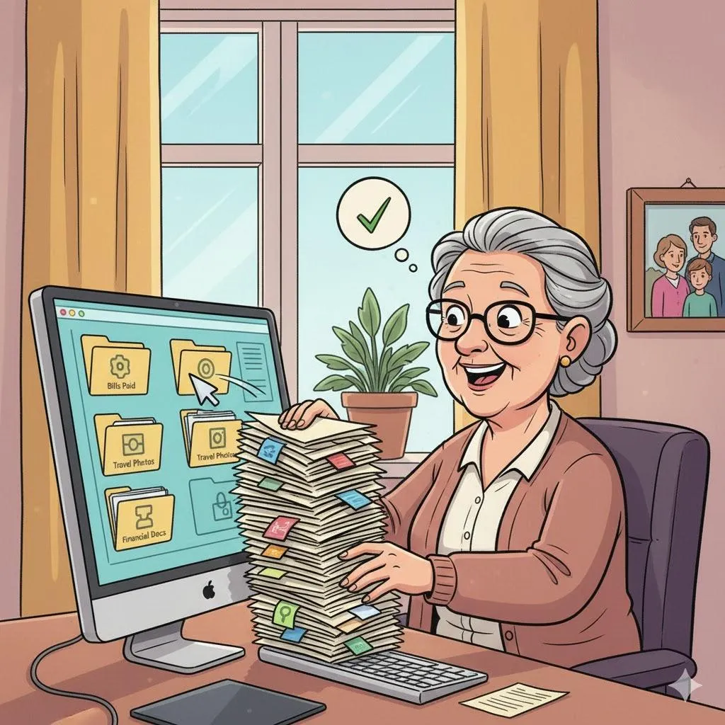 Senior woman organizing computer folders and paperwork, demonstrating digital decluttering and simple file organization tips