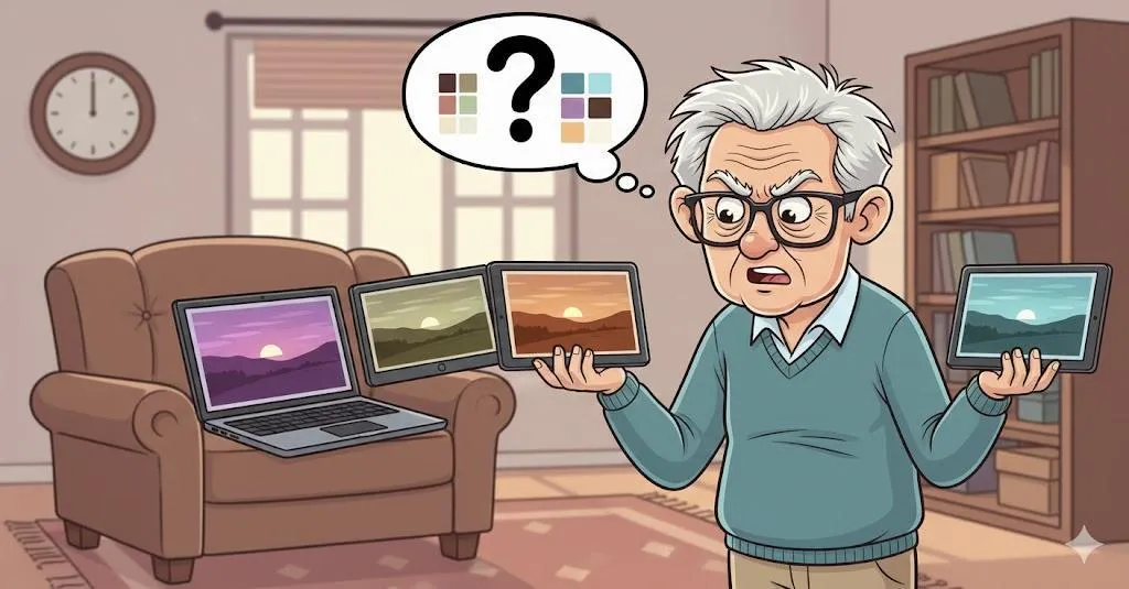 Funny cartoon illustration of a confused senior man comparing the same landscape photo displayed on a laptop, tablet, and smartphone, with each screen showing noticeably different colors and brightness. He scratches his head while holding multiple devices and trying to figure out which version is correct. Cozy living room setting, exaggerated expressions, colorful educational cartoon style, landscape format, no text.