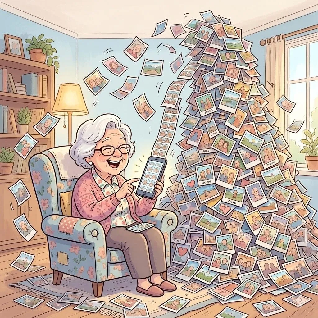 Funny cartoon illustration of a cheerful senior woman sitting comfortably in her living room while thousands of printed photos magically spill out of her smartphone like an overflowing waterfall. Photos pile up into a towering mountain beside her chair, filling the room with family pictures, vacation memories, and snapshots. Warm cozy atmosphere, playful exaggerated cartoon style, colorful and whimsical, square format, no text.
