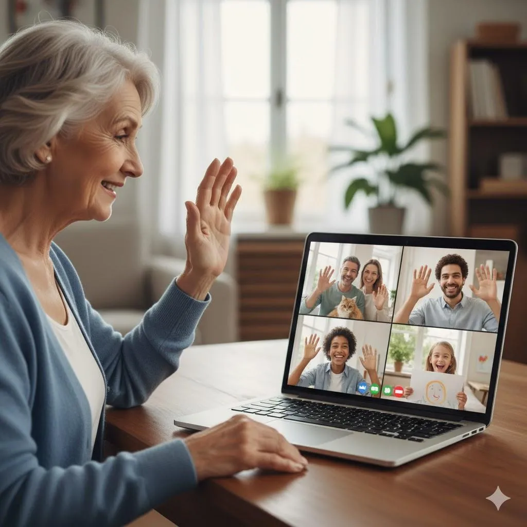Warm, realistic photo-style image of a happy senior woman waving during a Zoom video call on her laptop. Multiple smiling family members appear in the video call grid on the screen, creating a joyful family connection across distance. Bright cozy home setting, natural lighting, friendly atmosphere, high-quality lifestyle photography, no text.