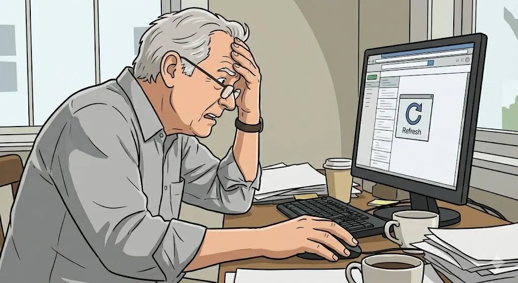 Playful cartoon-style illustration of a puzzled senior man staring at a computer screen showing a large refresh symbol while waiting for missing emails to appear. Mild frustration, coffee cups and paperwork scattered around the desk, humorous exaggerated expression, bright colorful cartoon style, square 1:1 format, no text, no speech bubbles, no labels.