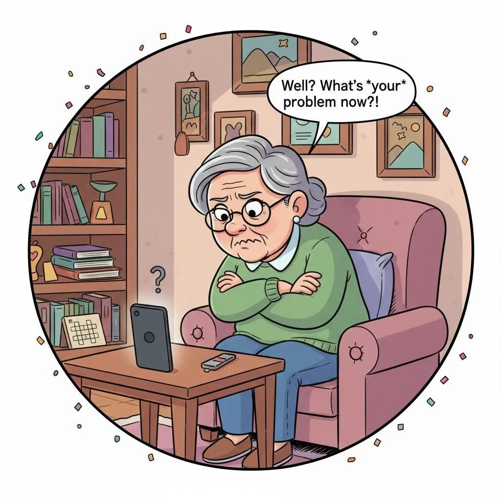 Wacky cartoon-style illustration of a puzzled senior woman sitting in a cozy living room, arms crossed, staring at a silent smartphone on the table while tiny question marks float above it. The phone looks perfectly normal but mysteriously quiet, humorous exaggerated expressions, bright colorful cartoon artwork, square 1:1 format, no text, no speech bubbles, no labels.