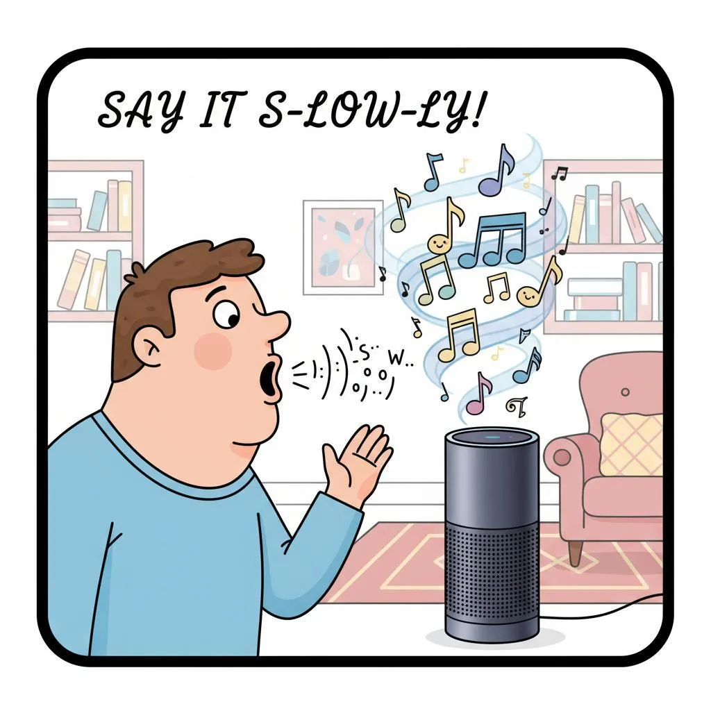 Funny cartoon-style illustration of a senior speaking slowly and clearly to a smart speaker while friendly sound waves travel toward it and cheerful musical notes and glowing response icons appear above the device, showing it understood the command. Bright cozy living room, humorous but encouraging, colorful cartoon style, square 1:1 format, no text, no speech bubbles, no brand logos.