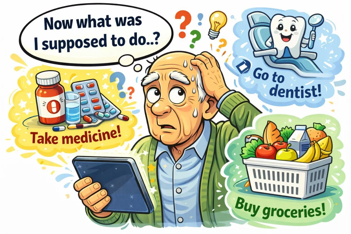 Funny cartoon-style illustration of a senior looking worried while trying to remember several important tasks, with colorful thought bubbles showing medication, a doctor appointment, and grocery shopping. A smartphone beside them glows with reminder notifications that are about to save the day. Warm, encouraging, colorful cartoon style, square 1:1 format, no text, no speech bubbles.