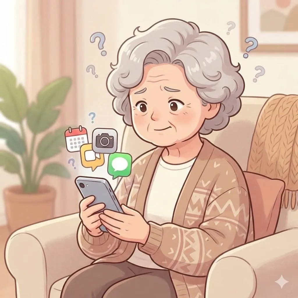 Friendly cartoon-style illustration of a senior woman sitting comfortably in a cozy living room, looking thoughtfully at her smartphone with a few small floating question mark icons and simple app icons nearby. Her expression is curious rather than frustrated, suggesting she is learning something new. Soft warm colors, welcoming atmosphere, square 1:1 format, no text, no speech bubbles.