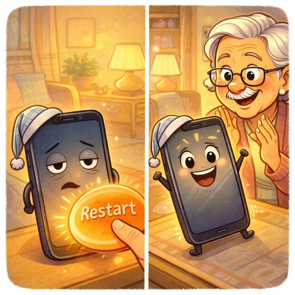 Playful cartoon-style illustration of a sleepy smartphone wearing a nightcap looking sluggish until a senior gently presses a large glowing restart button. In the next moment, the phone happily springs back to life with a bright smile while the senior celebrates. Cozy home setting, warm cheerful colors, square 1:1 format, no text, no speech bubbles.