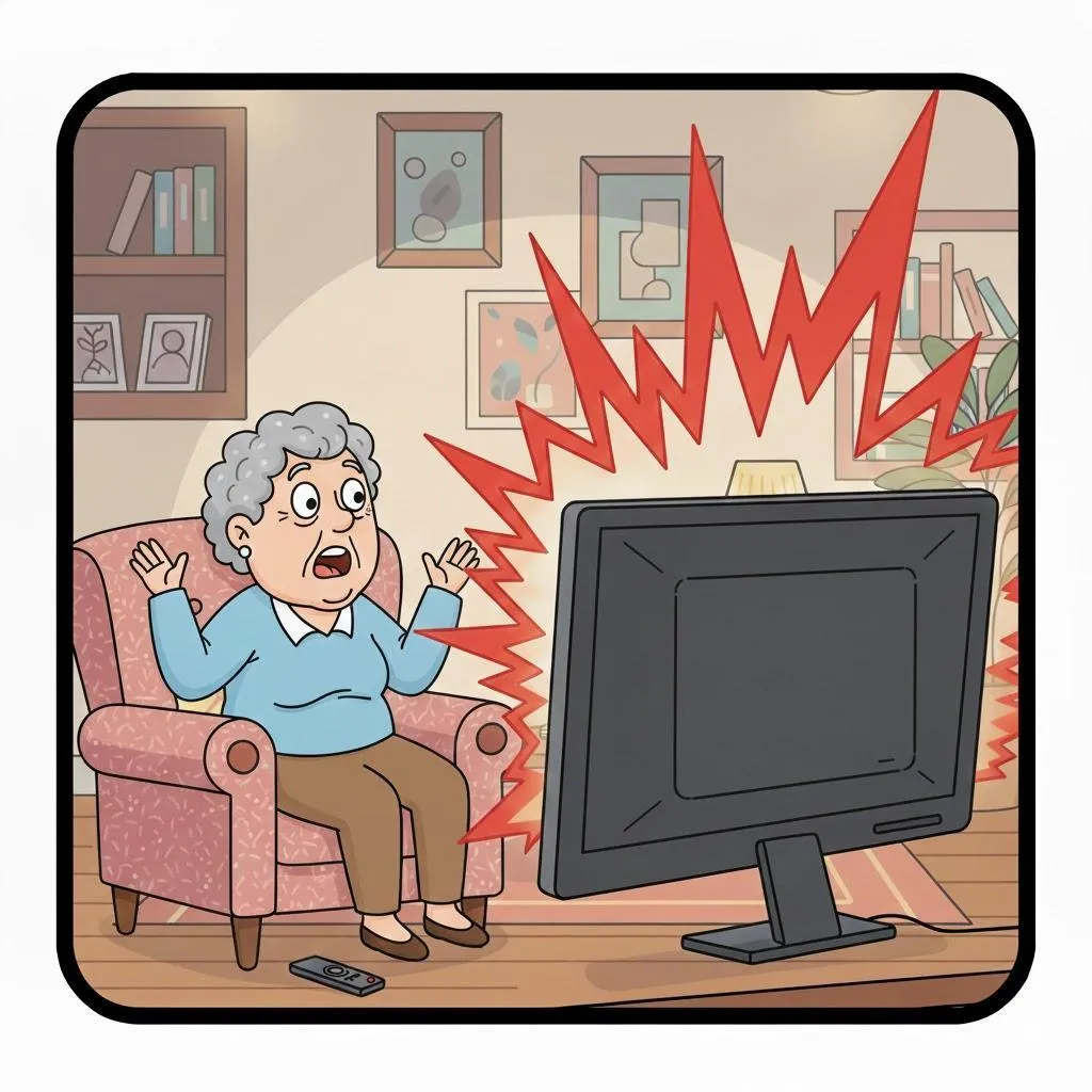 Warm, realistic illustration of a startled senior woman sitting in a cozy living room as her television suddenly blasts sound during a movie or commercial. She holds the TV remote with a surprised expression while bright visual sound waves burst from the TV. Comfortable home setting, evening lighting, photorealistic style, square 1:1 format, no text, no logos.