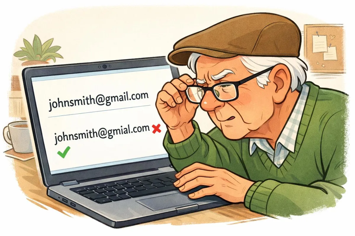 Senior man carefully compares two nearly identical email addresses on his laptop, highlighting how a small typing mistake can cause an email to bounce back.