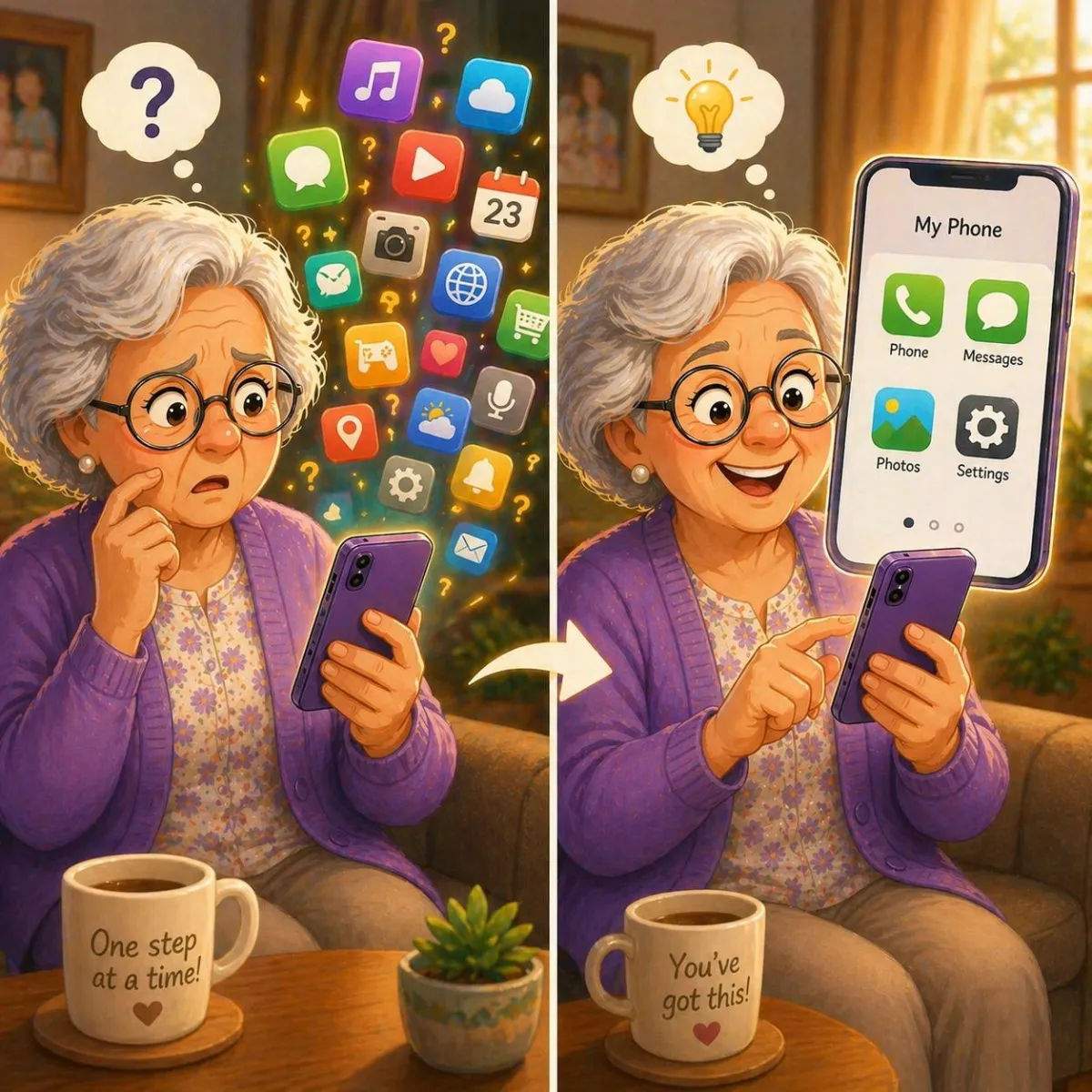 Senior woman goes from feeling overwhelmed by many smartphone apps to confidently using a simplified phone screen with essential apps.