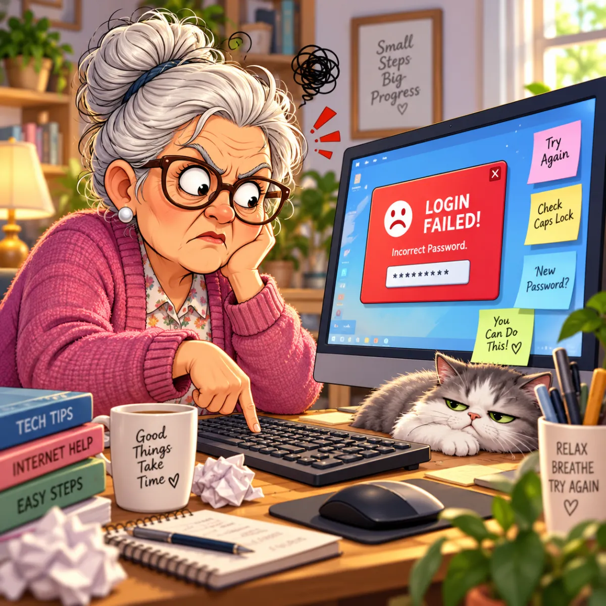 Senior woman repeatedly trying to log into an account while multiple “incorrect password” warnings appear, humorously capturing the frustration of forgotten or rejected passwords.