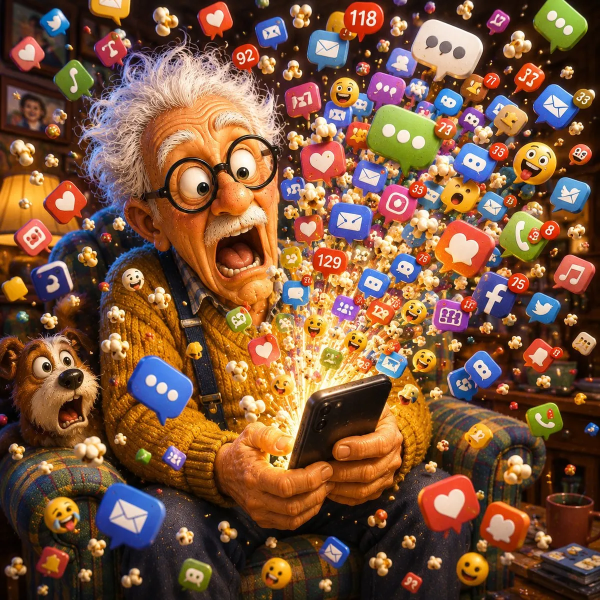 Senior man overwhelmed by a huge burst of smartphone notifications, messages, alerts, and app updates competing for his attention.