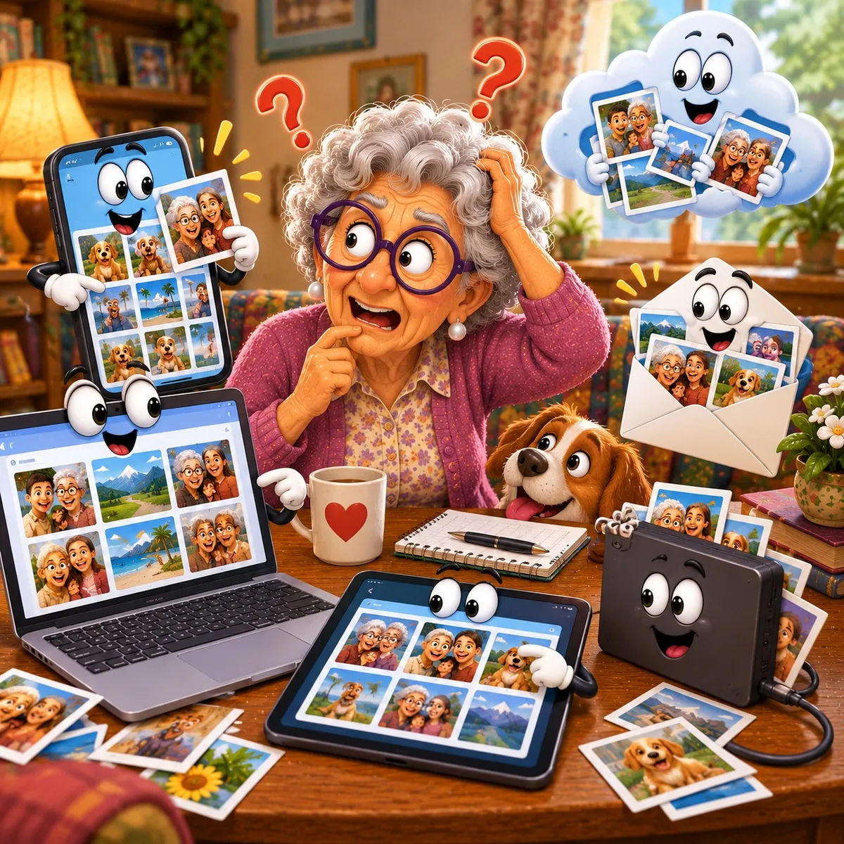 Senior woman feeling overwhelmed because her photos seem to be scattered across her phone, laptop, tablet, cloud storage, email, and other devices.