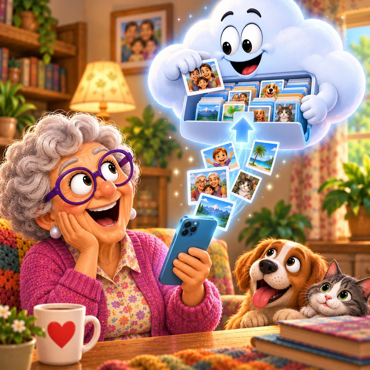 Senior woman happily discovering that her phone photos are safely stored and organized in cloud storage.