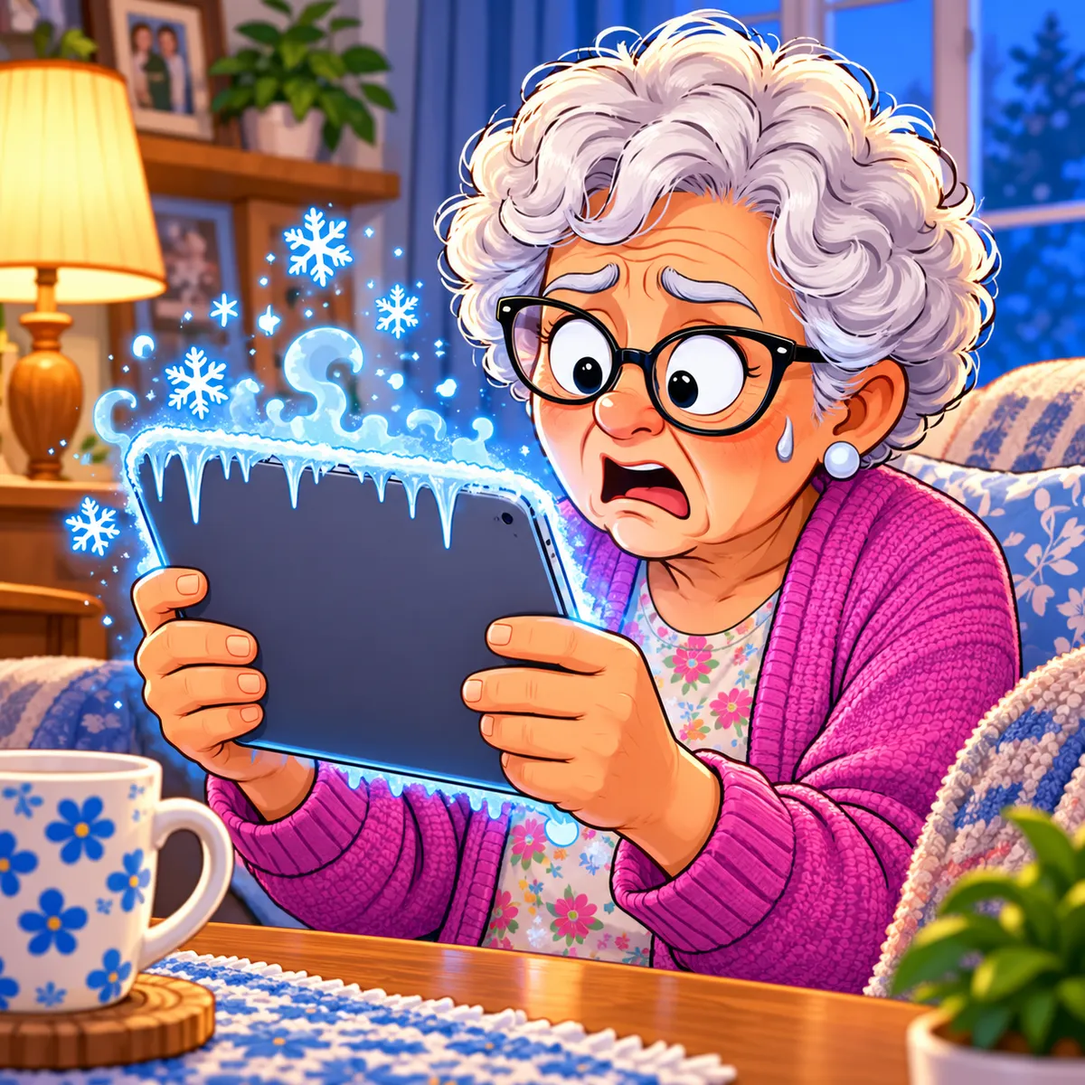Senior woman looking shocked and frustrated as her tablet suddenly freezes, with icy effects and snowflakes illustrating the problem.