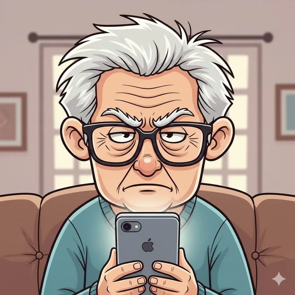 Frustrated senior man staring at his smartphone, confused by unexpected changes to his apps.