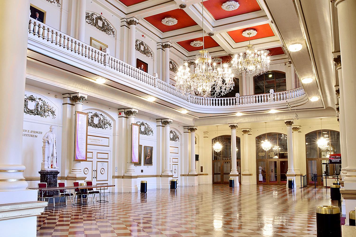 Historic Cincinnati Music Hall interior architectural photography featuring the grand foyer and chandeliers