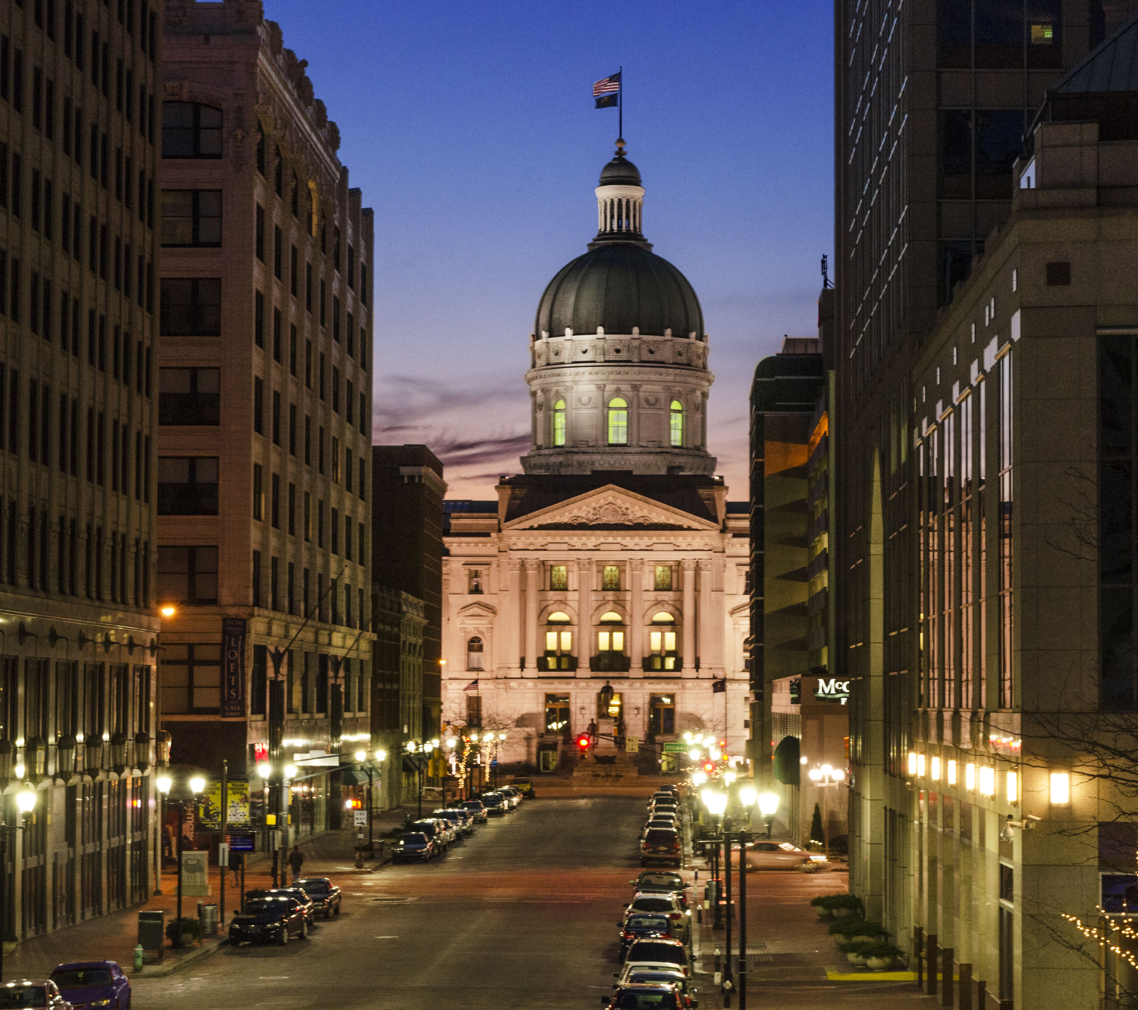 Indiana Statehouse at dusk in downtown Indianapolis
