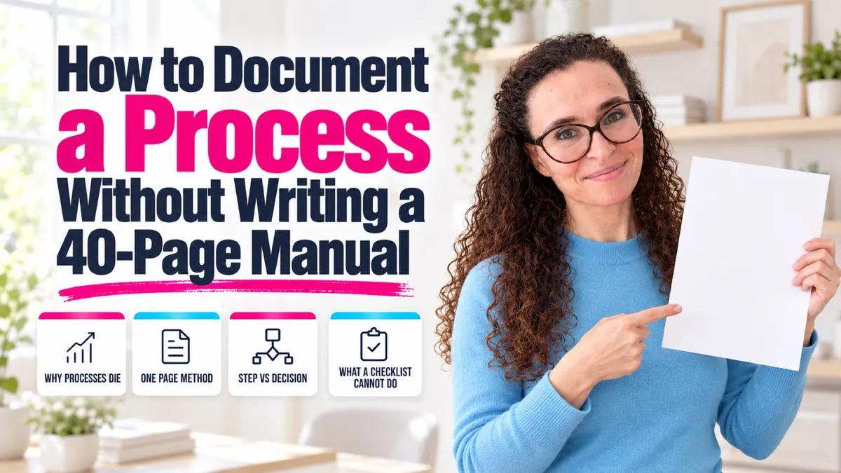Flavie Berleand holding a single sheet of paper beside the one page method to document a process without a 40-page manual - House of Her