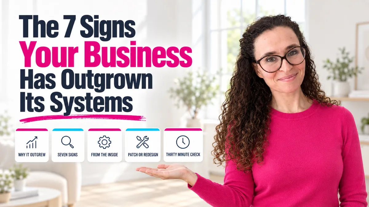 Flavie Berleand presenting the seven signs a business has outgrown its systems, with cards for patch or redesign and a thirty minute check - House of Her