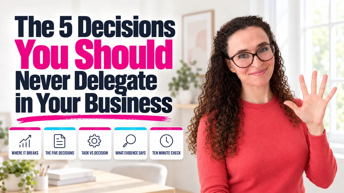 Flavie Berleand raising five fingers beside the five decisions you should never delegate in your business - House of Her