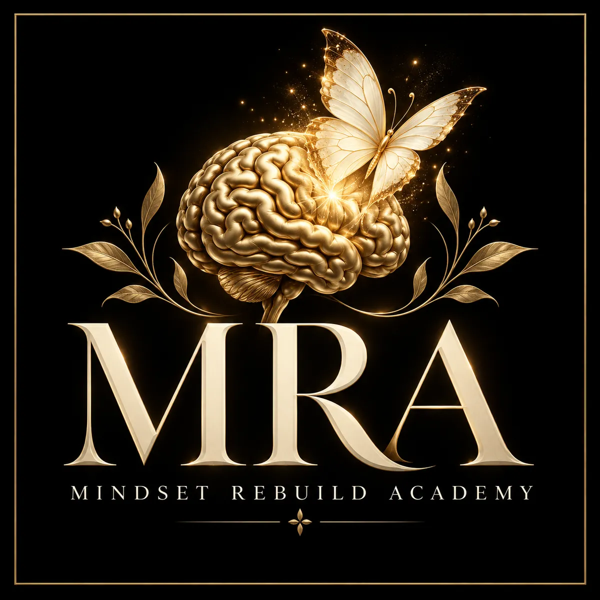 Circular logo with the letters MRA and a small gold butterfly resting on the R. The logo is rendered in metallic gold against a dark background.