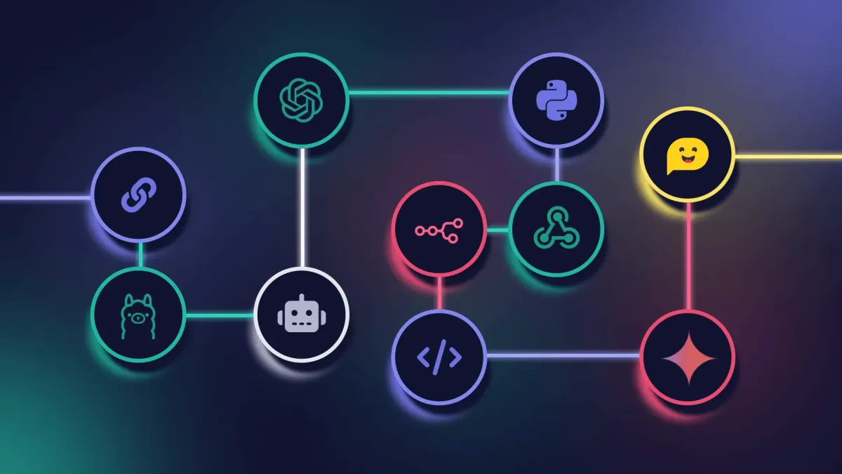 Illustration of an AI agent interacting with apps, nodes, and flow lines representing integrations and scale.