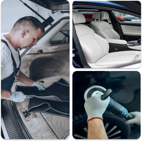 Collage of auto detailing services: A man cleaning the floor mat at the back of a car, a clean car seat, and polishing the exterior of the car