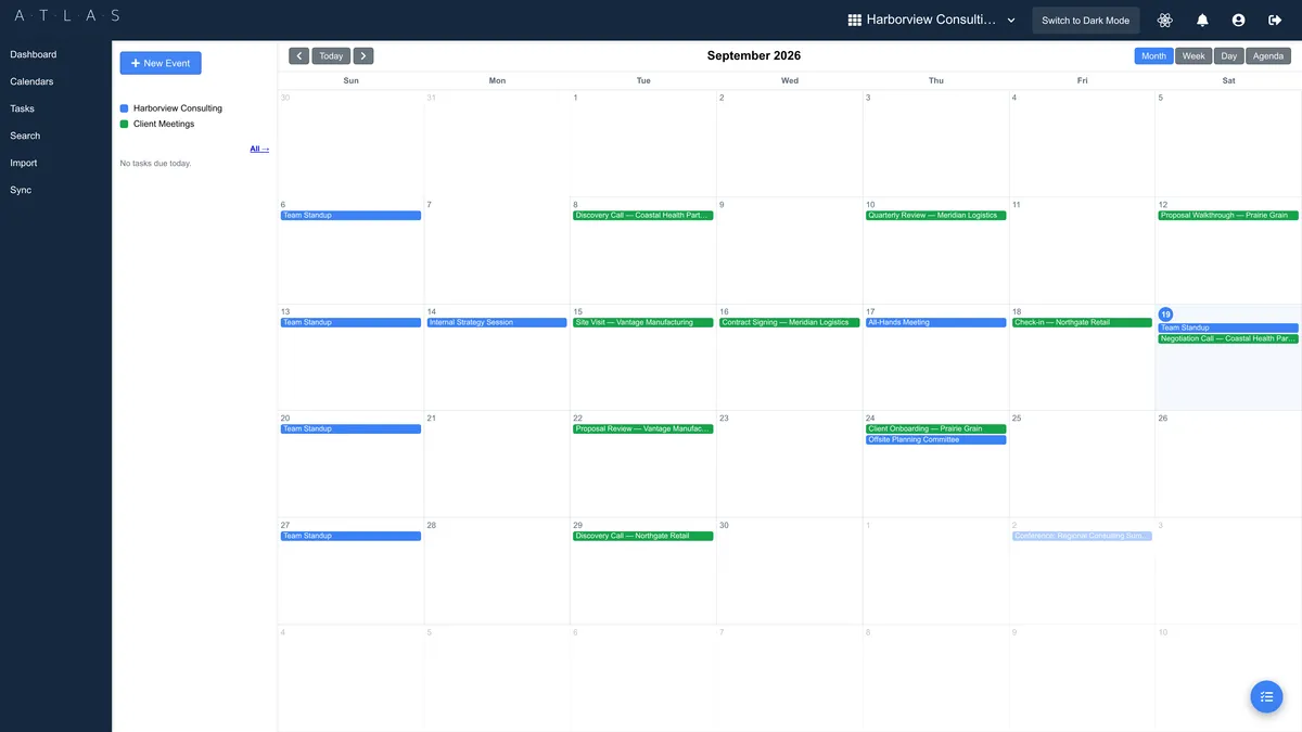 Atlas shared team calendar month view with color-coded events