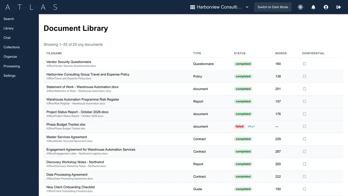 Atlas Documents library showing document types and processing status