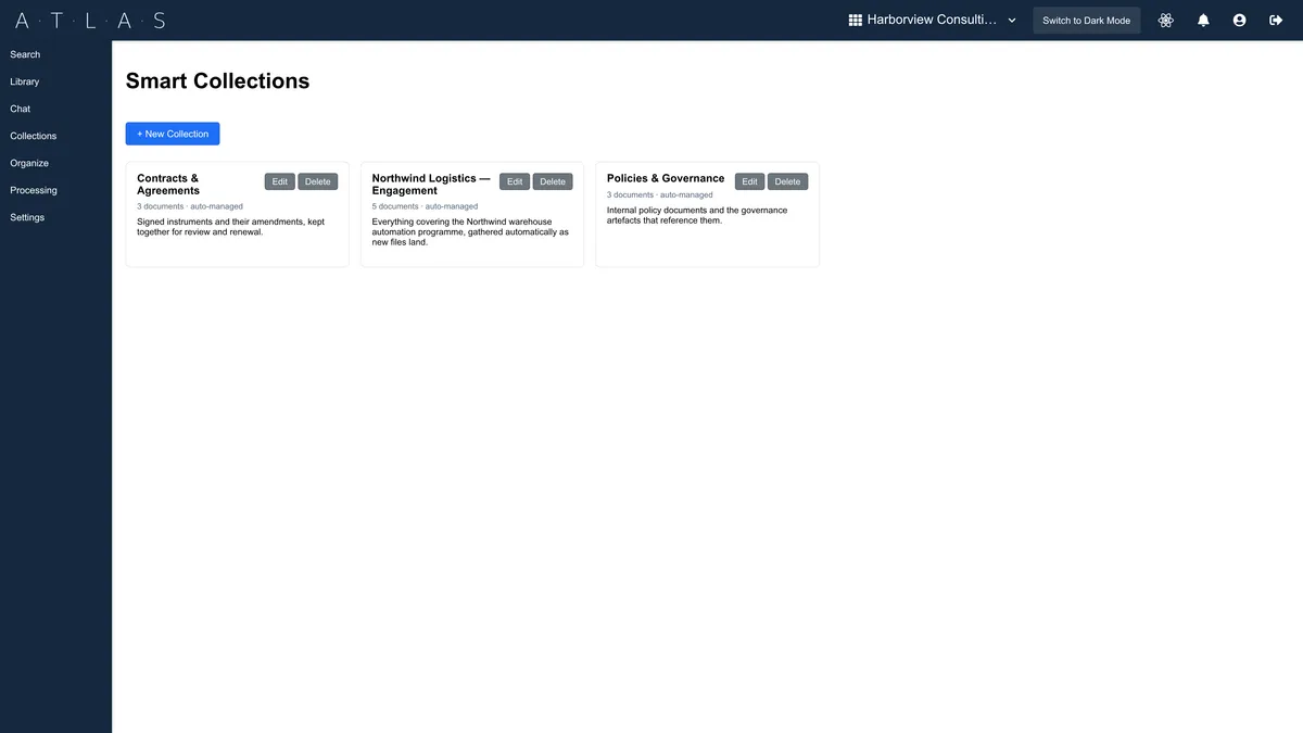 Atlas Documents smart collections for contracts, client work, and policies