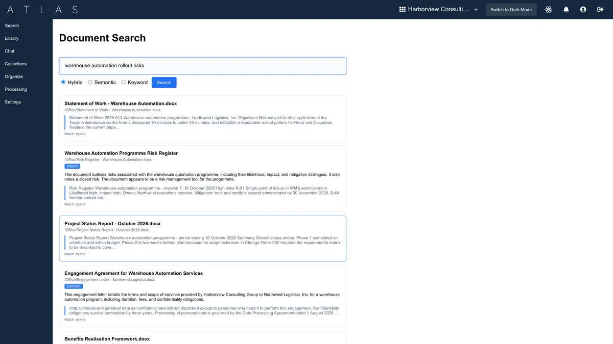 Atlas Documents search showing matching documents and text excerpts