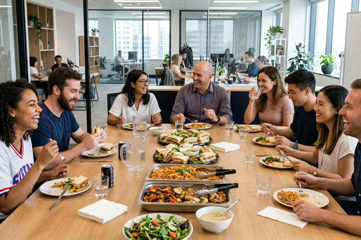 A group of colleagues laugh and eat together around a large wooden table spread with catered food in a bright, modern open-plan office.