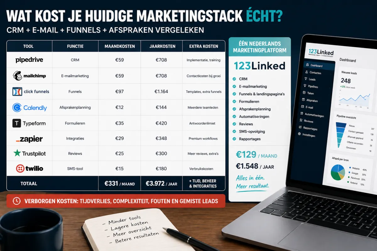 Wat kost je huidige marketingstack nu écht? CRM + e-mail + funnels + afspraken vergeleken