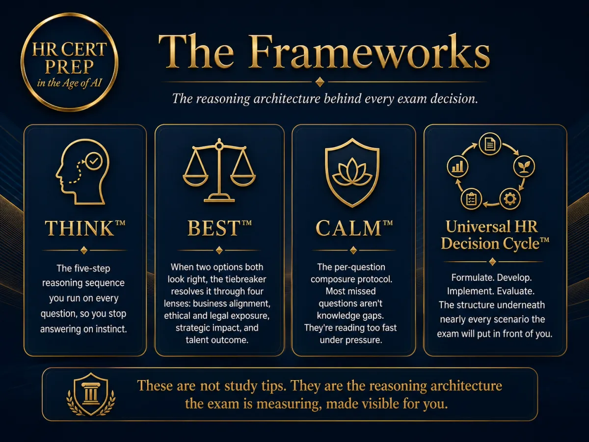 HR Certification Prep exam frameworks including THINK, BEST, CALM, and Universal HR Decision Cycle