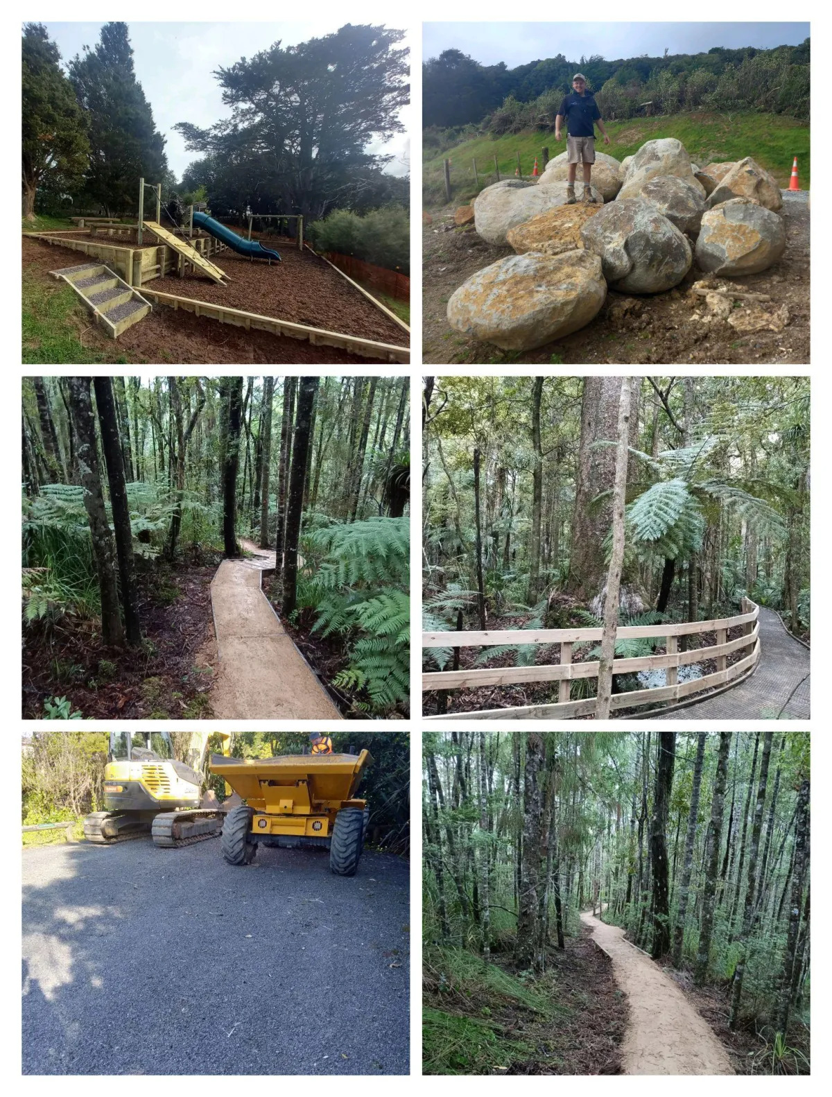 Aspect Contracting project collage showing kauri‑safe bush tracks, earthworks and retaining work in Whangarei, Northland