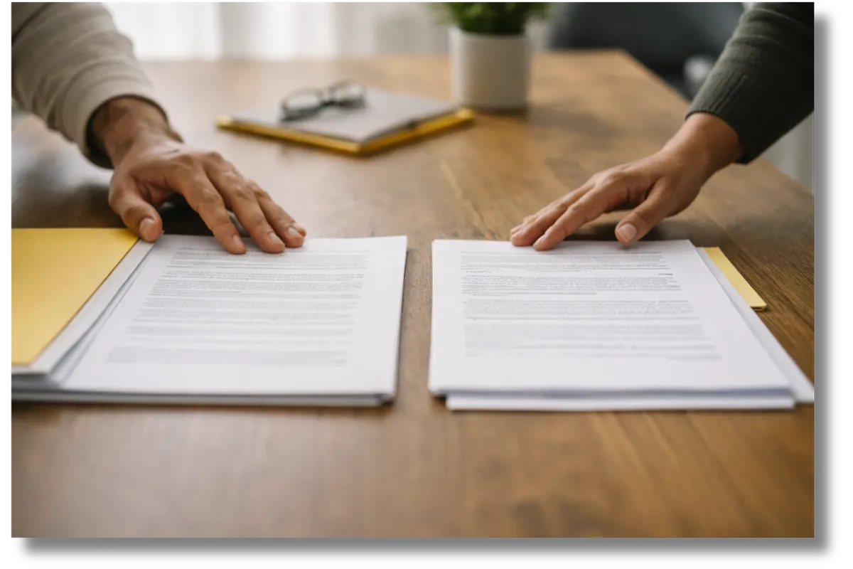 Organizing documents on a wooden table