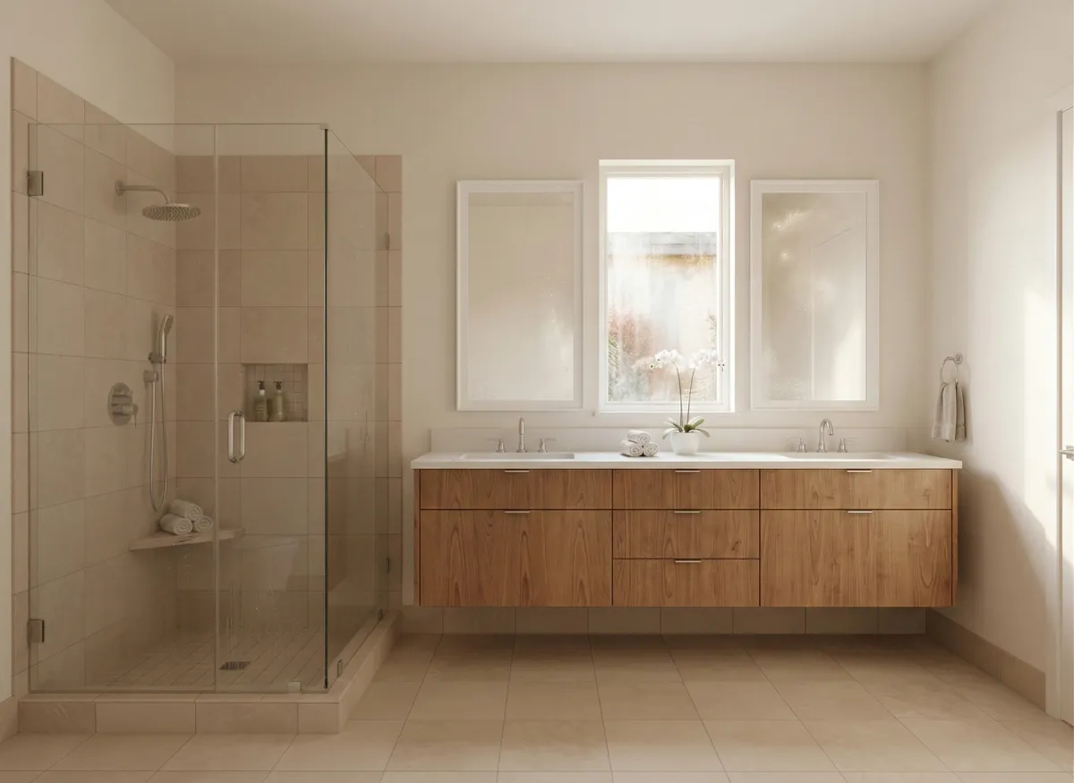 Bright, airy master bathroom with spa walk-in shower and double vanity