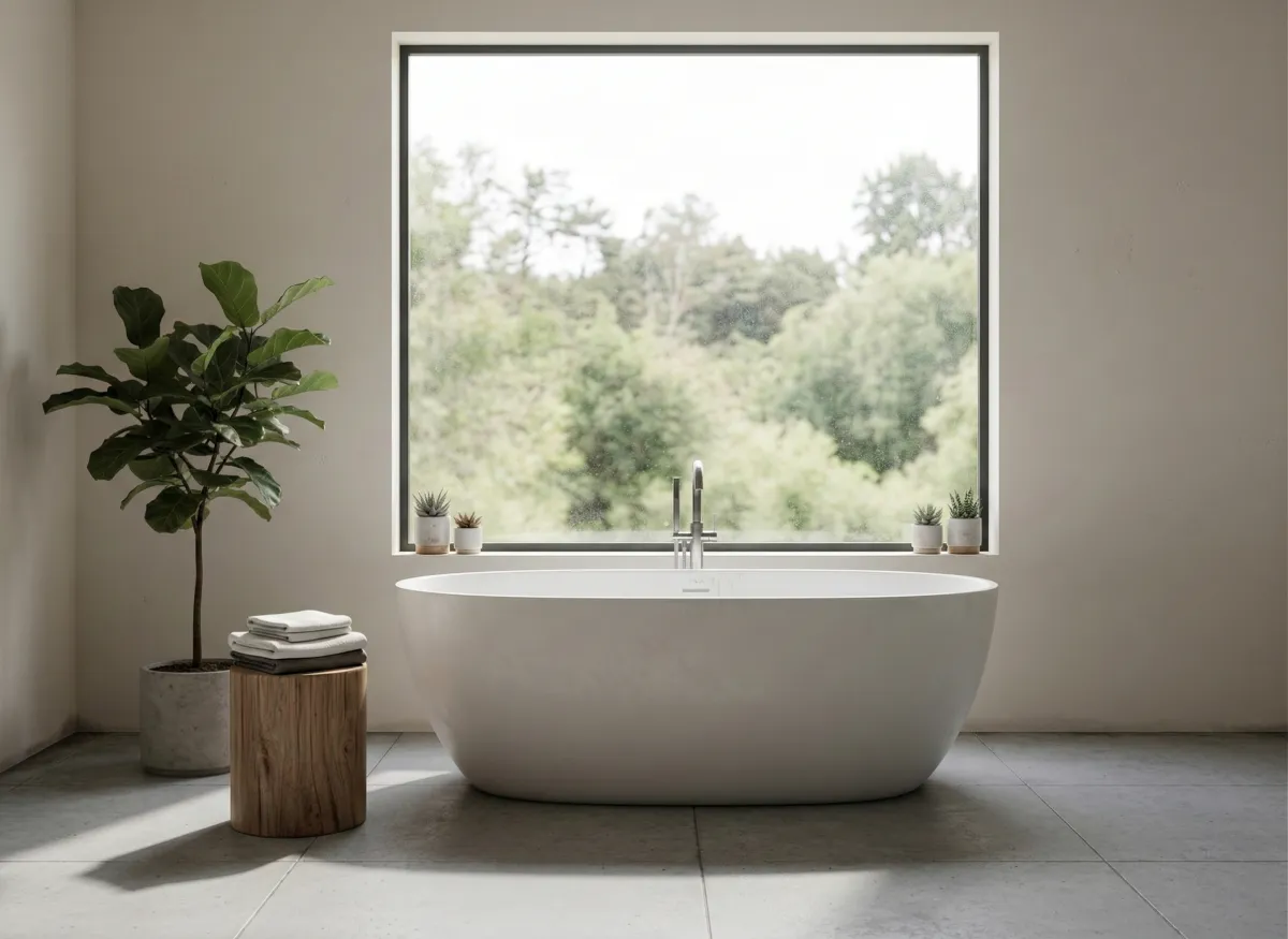 Freestanding soaking tub in a bright, airy bathroom