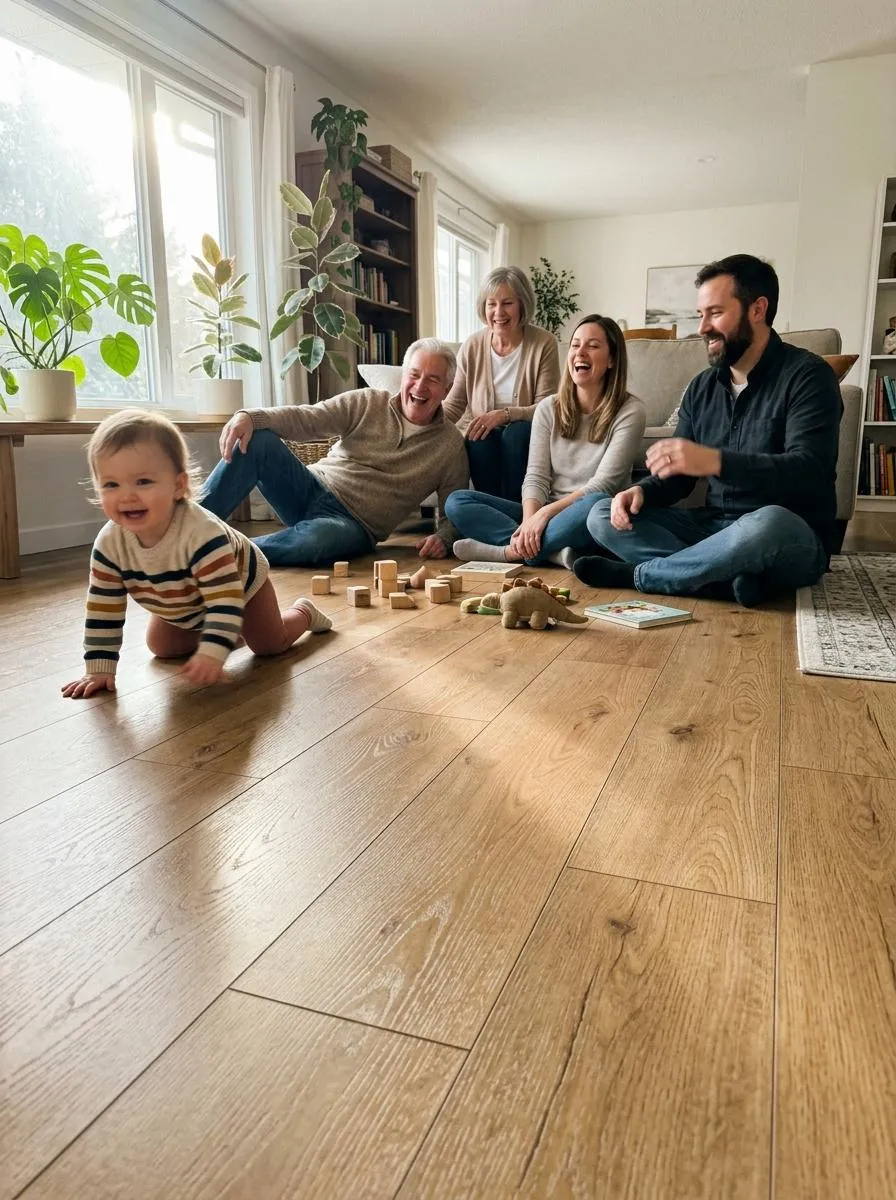 Family enjoying their newly installed waterproof flooring
