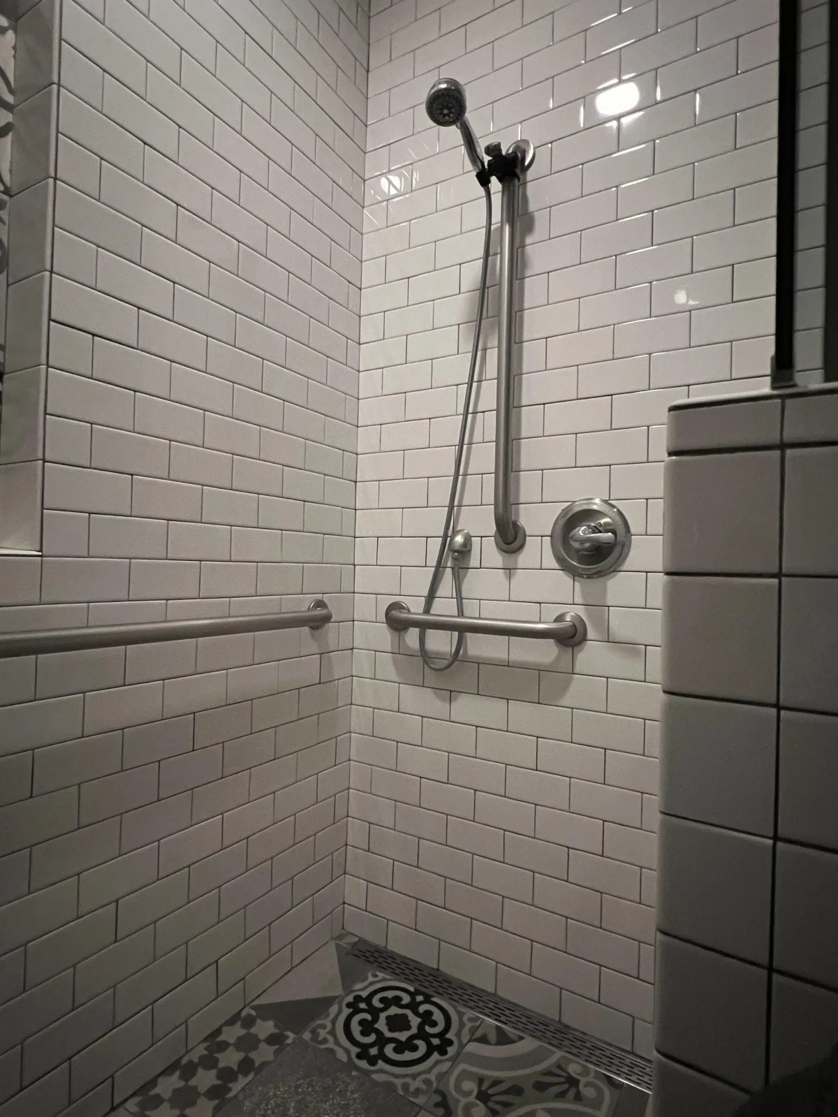 rest of the shower compartment with two horizontal grab bars showing shower head and valve