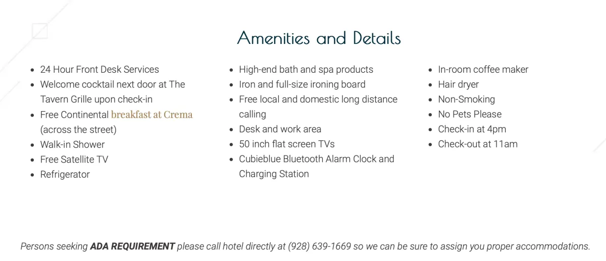 sreenshot from webpage stating amenities and that persons requiring ADA room must call the hotel