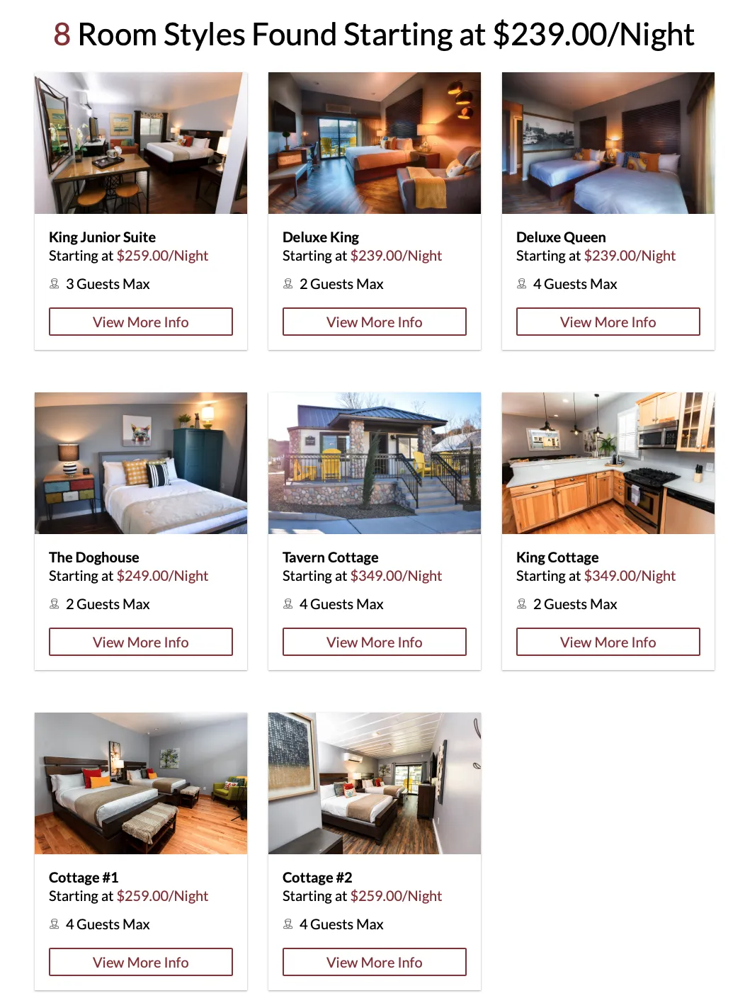 screenshot from hotel website showing  room styles