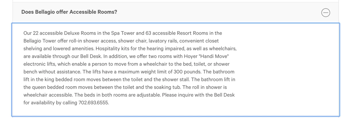 screenshot of Bellagio website describing Accessible Rooms