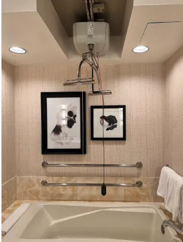 ceiling tracked hoist placed over bathtub