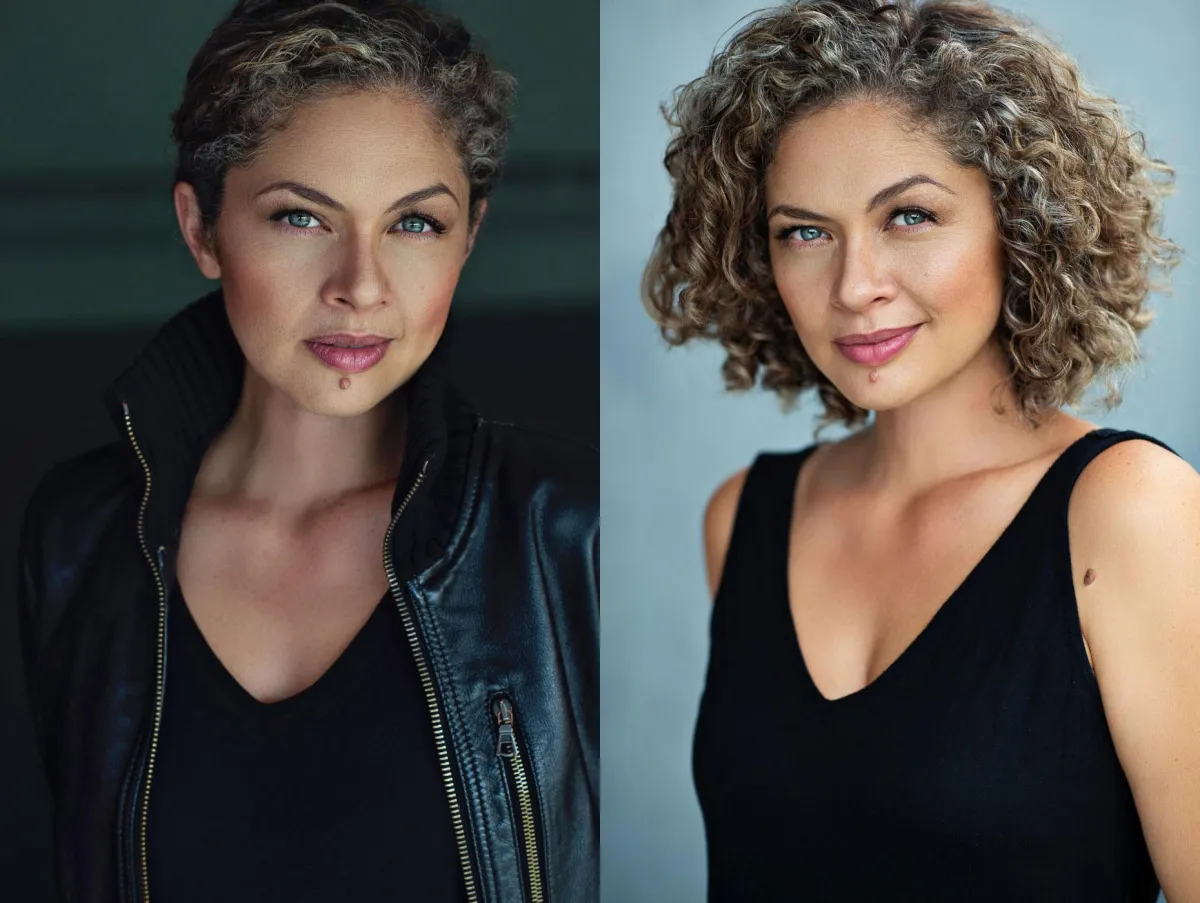 a black and white photo of a woman with her hands on her head