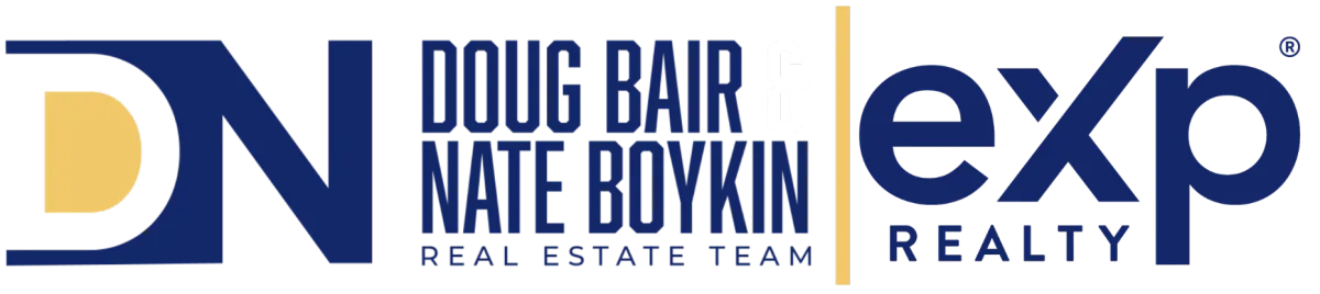 A logo featuring the initials 'DN' in a bold, modern font. The letter 'D' has a gold semicircle filling its left side. To the right, the names 'Doug Bair & Nate Boykin' are written in a light-colored, elegant sans-serif font, with the ampersand (&) in gold. Below, 'Real Estate Team' is displayed in smaller uppercase letters