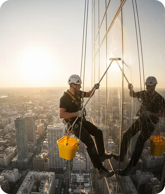 worker suspended from high-rise building during traditional window cleaning
