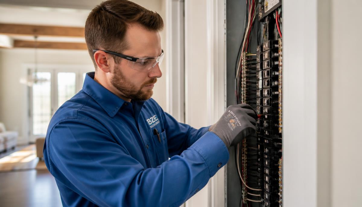 Licensed electrician inspecting and upgrading a home breaker panel in Mandeville, LA