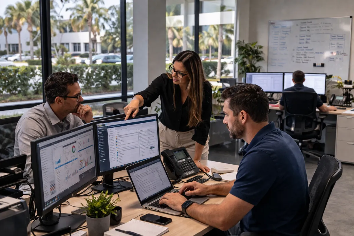 South Florida business professionals collaborating in a modern office with natural lighting and palm trees visible outside, representing cloud migration and IT operations