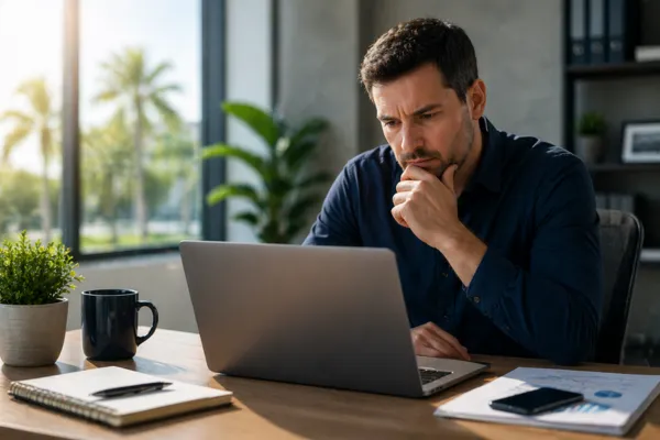 South Florida business owner working on a laptop in a modern office, focused on identifying IT issues and preventing downtime